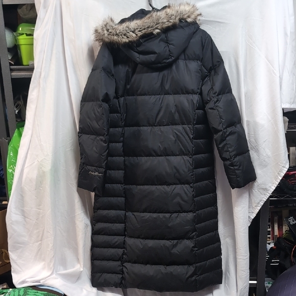 Eddie Bauer Black Long Puffer Coat with Faux Fur Hood - Picture 5 of 6